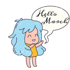 Digitally generated image of hello march text banner and girl icon against white background