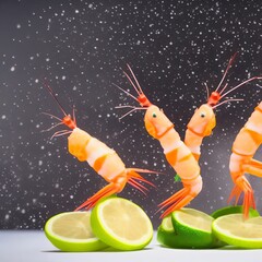 shrimp new years eve cocktail party with cute dancing shrimp on top of lime slices and a snowy background. generative ai