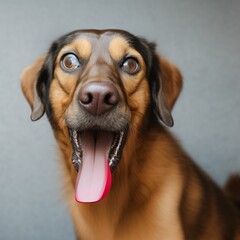 Portrait illustration of a funny dog's face with a surprised expression opening its mouth with its tongue hanging out and wide eyes. Generative AI