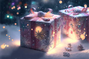 Illuminated Colorful Wrapped Christmas Gift Boxes surrounded by Lights and Snow in a Winter Wonderland with Bokeh Generative AI