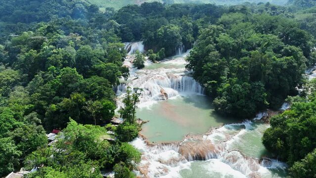 Aerial view of the waterfalls Agua Azul, Chiapas (Mexico).