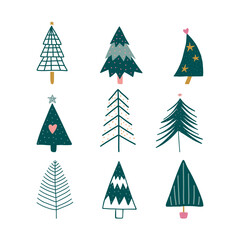 Hand drawn set of Christmas trees. Holidays set. 