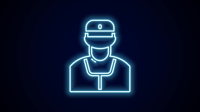 Glowing neon line Train conductor icon isolated on black background. 4K Video motion graphic animation