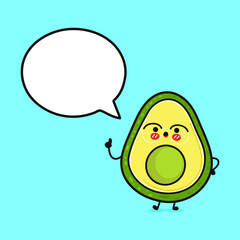 Cute funny avocado with speech bubble. Vector hand drawn cartoon kawaii character illustration icon. Isolated on blue background. Avocado character concept