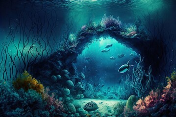 Underwater fantasy landscape with a bed of enchanted seaweed Generative AI