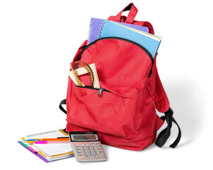 Red modern backpack with school supplies