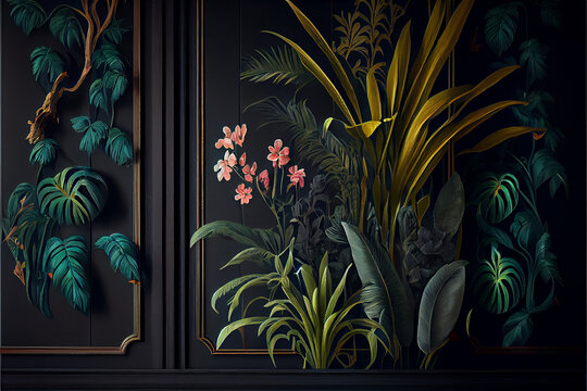 Dark Background Wall With Classic Wainscoting And Exotic Tropical Elements