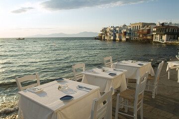 Restaurant Tables Along the Beach, Mykonos Town, Mykonos, Cyclades Islands, Greece