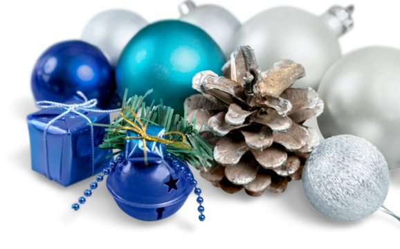 Blue and white Christmas baubles isolated on white