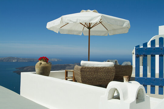 Patio over Caldera, Imerovigli, Santorini, Cyclades Islands, Greece