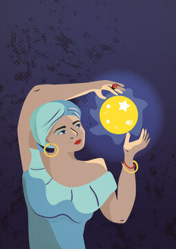 Mujer bruja o adivina con bola de cristal haciendo magia.