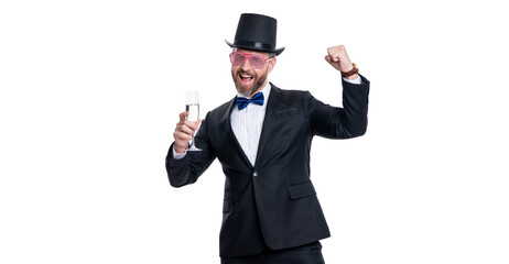 showman partygoer cheering with champagne. partygoer showman isolated on white background. - obrazy, fototapety, plakaty