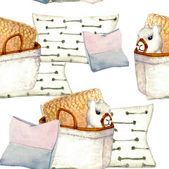 Pattern. Wicker basket, pillows, toy lama. Watercolor illustration interior of living room. Clipart. Home decor elements on a white background.