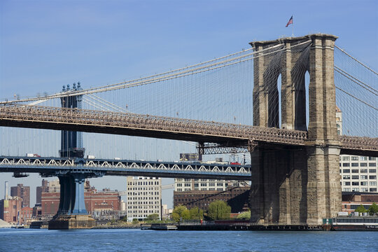 Brooklyn Bridge and Manhattan Bridge, South Street Seaport, New York City, New York, USA