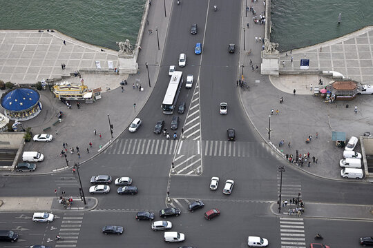 Aerial View of Traffic near Seine River, Paris, France