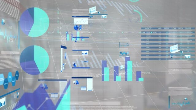 Animation of financial data processing on grey background