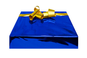 Beautiful blue gift package wrapped in glossy paper and gold bow and cropped for image montages.