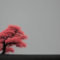 minimalist illustration of tree with red foliage in a black and white background.  Generative AI