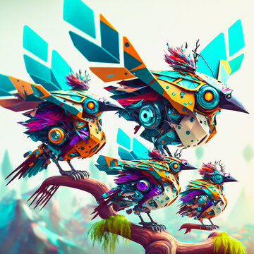 A fantasy image, a colorful robot bird's family is flying in the sky. Image creative generative Ai technology.	