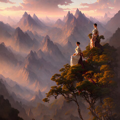 Fototapeta premium silhouette of a couple in the mountains. generated by AI