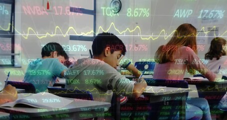 Animation of trading board over multiracial students writing in book at classroom - Powered by Adobe