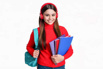 education of happy school teen girl in studio. photo of teen girl having school education
