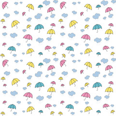 Obraz premium Seamless pattern with colored umbrellas and raindrops. Vector illustration