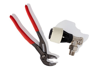 Heater thermostat with pliers on white background