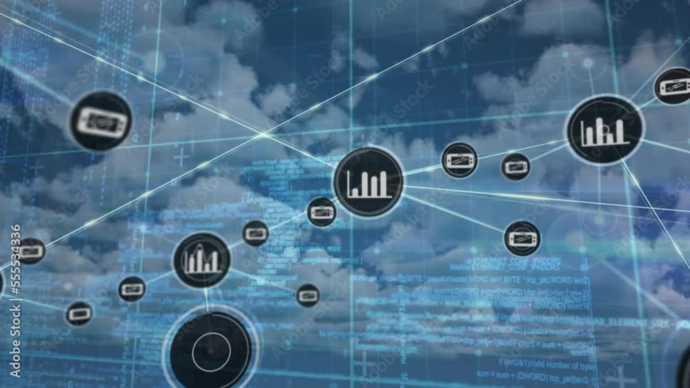 Poster animation of connected icons over programming language against cloudy sky