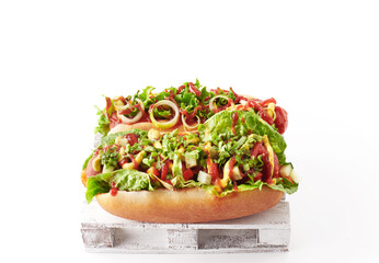 Fresh made hot dogs with ketchup, mustard and salad