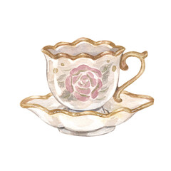 Watercolor vintage illustration with tea cup and saucer decorated with gold, pink roses, and leaves. Isolated on white.