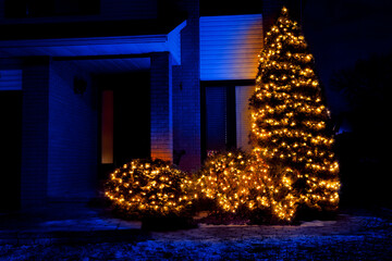 House Decorated with Christmas Lights at Night, Ottawa, Ontario, Canada