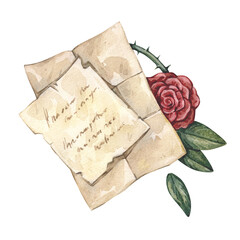 Watercolor vintage illustration with love letters, red rose, thorn stem and green leaves. Isolated on white.