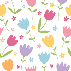 Seamless spring flowers pattern. Floral texture on white background. Vector illustration. Can be used for wallpapers, wrappers, cards, patterns for clothes and other.