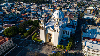 Beautiful aerial view of the City of San Salvador, capital of El Salvador - Its cathedrals and buildings
