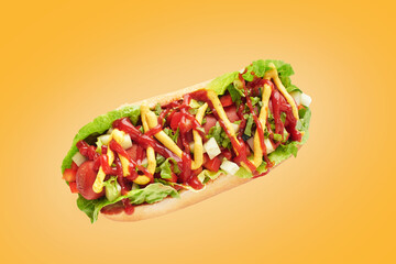 fresh made hot dogs on yellow pastel background