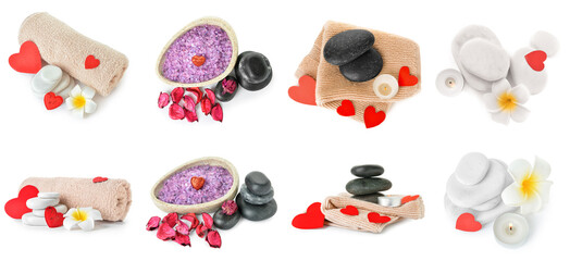 Set of spa supplies isolated on white. Valentine's Day celebration