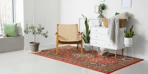 Interior of light living room with armchair, chest of drawers, houseplants and vintage carpet