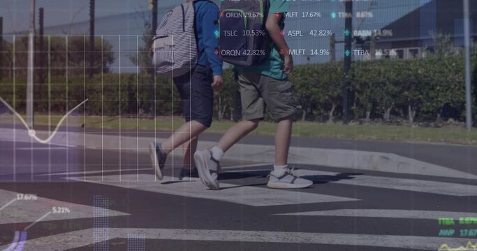 Animation of financial data processing over school children crossing road