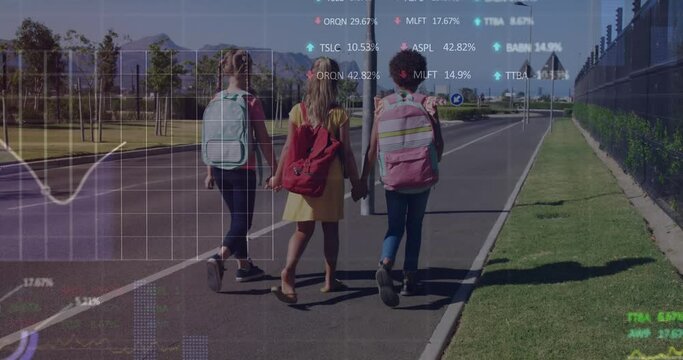 Animation of financial data processing over diverse school children walking alongside road