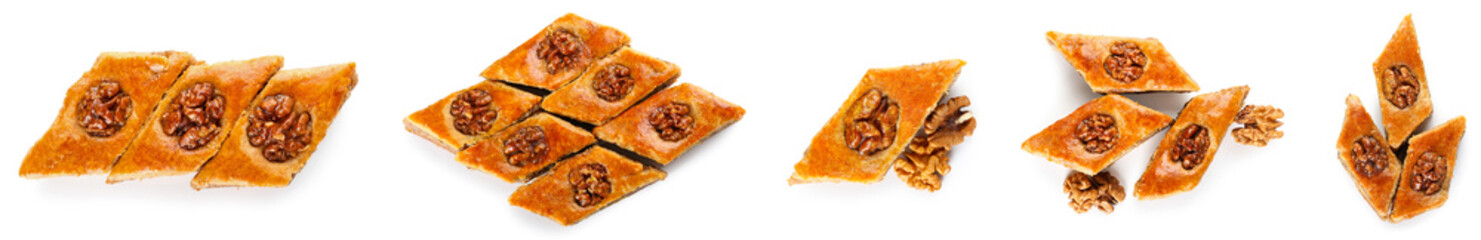 Collage of tasty baklava with walnuts on white background