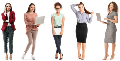 Fototapeta premium Set of beautiful young businesswomen on white background