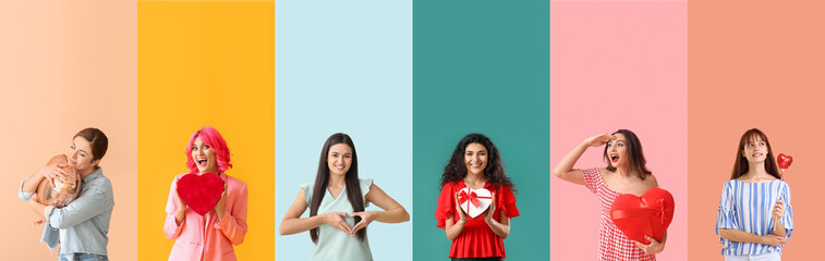 Happy woman hugging balloon on color background