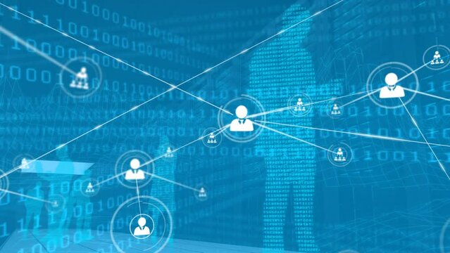 Animation of network of connections with icons and binary coding data processing