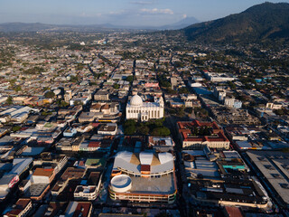 Beautiful aerial view of the City of San Salvador, capital of El Salvador - Its cathedrals and buildings