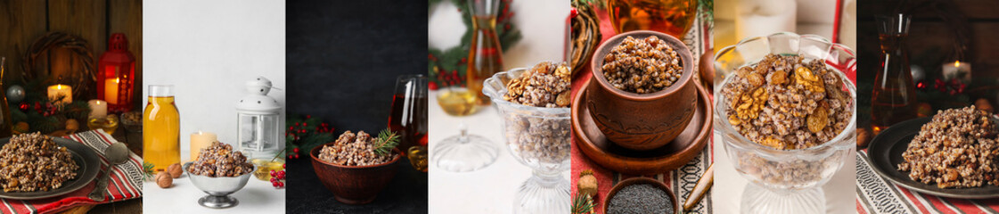 Collage of Ukrainian kutya dish on table