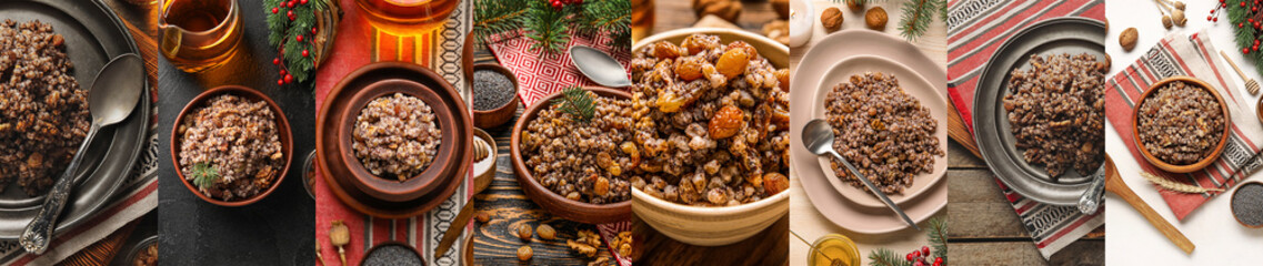 Collage of traditional kutya dish on table