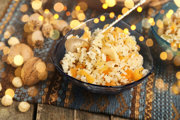 Bowl of rice Kutya dish on table