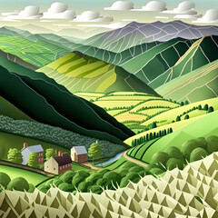 Papercraft Art - Green fields & landscapes of Yorkshire, England - obrazy, fototapety, plakaty