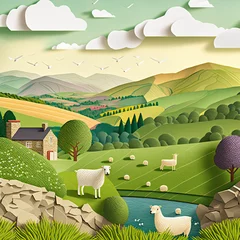 Zelfklevend Fotobehang Papercraft Art - Green fields & landscapes of Yorkshire, England © John